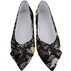 Black Background With Gray Flowers, Floral Black Texture Women s Bow Heels