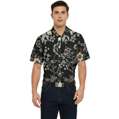 Black Background With Gray Flowers, Floral Black Texture Men s Short Sleeve Pocket Shirt 