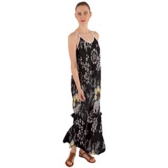 Black Background With Gray Flowers, Floral Black Texture Cami Maxi Ruffle Chiffon Dress