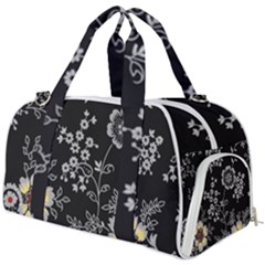 Black Background With Gray Flowers, Floral Black Texture Burner Gym Duffel Bag