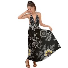 Black Background With Gray Flowers, Floral Black Texture Backless Maxi Beach Dress