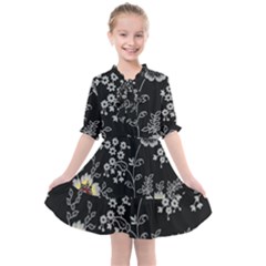 Black Background With Gray Flowers, Floral Black Texture Kids  All Frills Chiffon Dress