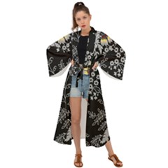 Black Background With Gray Flowers, Floral Black Texture Maxi Kimono