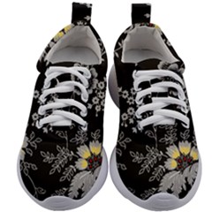 Black Background With Gray Flowers, Floral Black Texture Kids Athletic Shoes