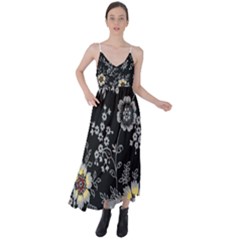 Black Background With Gray Flowers, Floral Black Texture Tie Back Maxi Dress