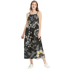 Black Background With Gray Flowers, Floral Black Texture Boho Sleeveless Summer Dress