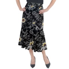 Black Background With Gray Flowers, Floral Black Texture Midi Mermaid Skirt