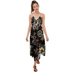 Black Background With Gray Flowers, Floral Black Texture Halter Tie Back Dress 