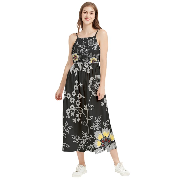 Black Background With Gray Flowers, Floral Black Texture Boho Sleeveless Summer Dress