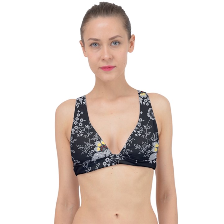 Black Background With Gray Flowers, Floral Black Texture Classic Banded Bikini Top