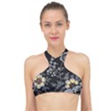 Black Background With Gray Flowers, Floral Black Texture High Neck Bikini Top View1