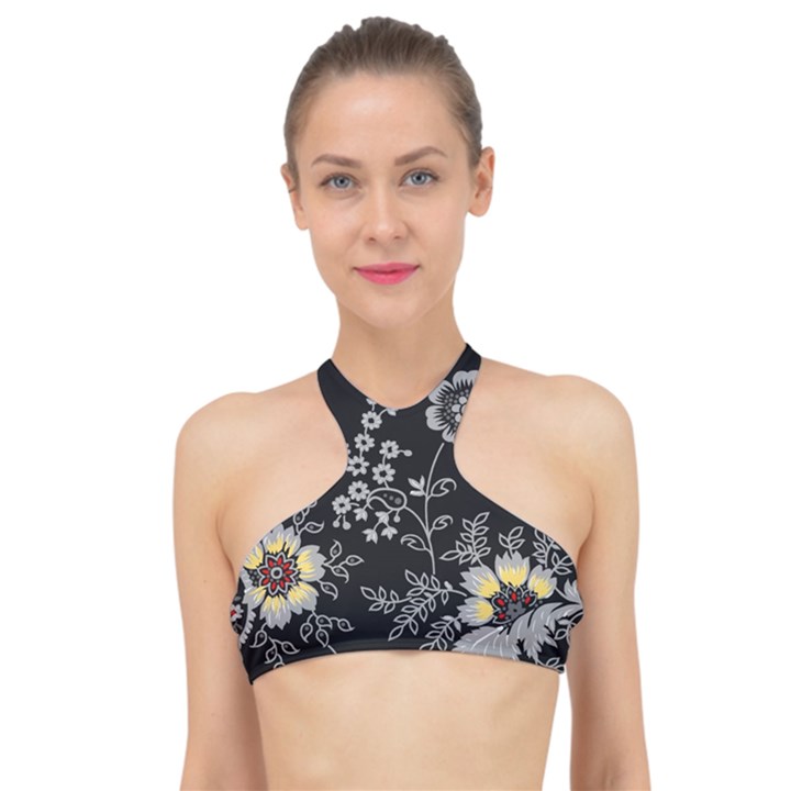 Black Background With Gray Flowers, Floral Black Texture High Neck Bikini Top