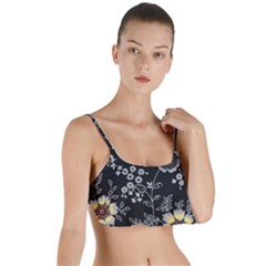 Black Background With Gray Flowers, Floral Black Texture Layered Top Bikini Top 