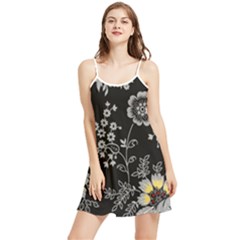 Black Background With Gray Flowers, Floral Black Texture Summer Frill Dress