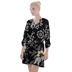 Black Background With Gray Flowers, Floral Black Texture Open Neck Shift Dress by nateshop