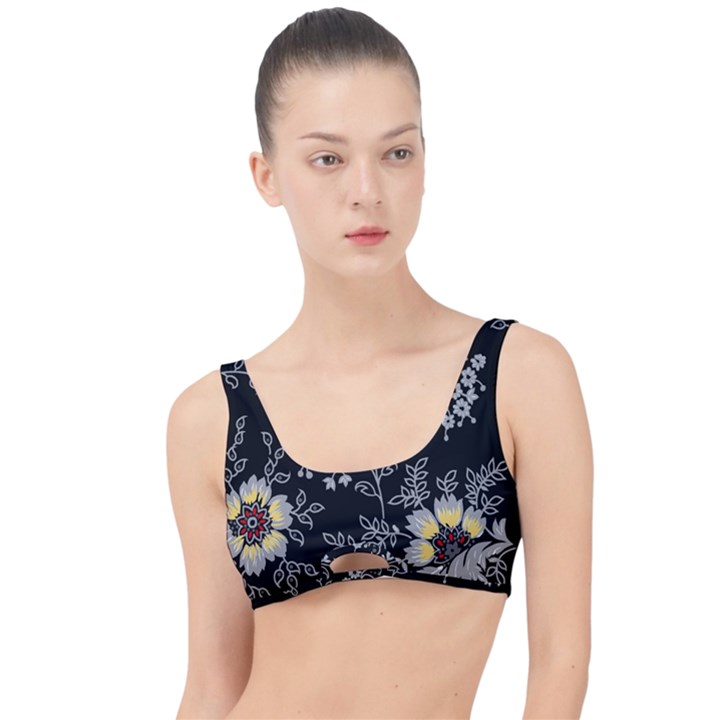 Black Background With Gray Flowers, Floral Black Texture The Little Details Bikini Top