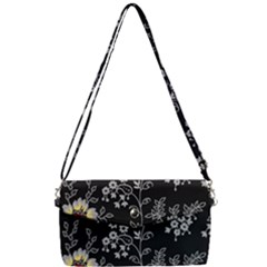 Black Background With Gray Flowers, Floral Black Texture Removable Strap Clutch Bag