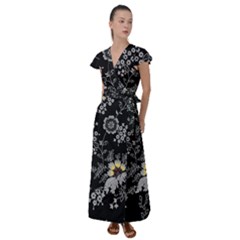 Black Background With Gray Flowers, Floral Black Texture Flutter Sleeve Maxi Dress