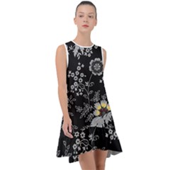 Black Background With Gray Flowers, Floral Black Texture Frill Swing Dress