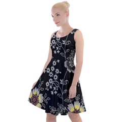 Black Background With Gray Flowers, Floral Black Texture Knee Length Skater Dress