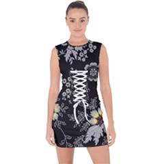 Black Background With Gray Flowers, Floral Black Texture Lace Up Front Bodycon Dress