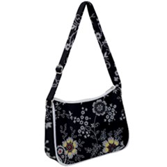 Black Background With Gray Flowers, Floral Black Texture Zip Up Shoulder Bag