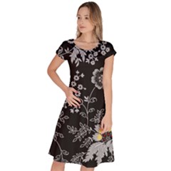 Black Background With Gray Flowers, Floral Black Texture Classic Short Sleeve Dress