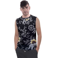 Black Background With Gray Flowers, Floral Black Texture Men s Regular Tank Top