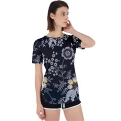 Black Background With Gray Flowers, Floral Black Texture Perpetual Short Sleeve T-Shirt