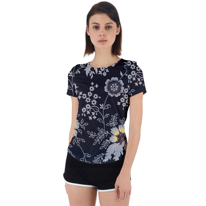 Black Background With Gray Flowers, Floral Black Texture Back Cut Out Sport T-Shirt