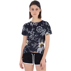 Black Background With Gray Flowers, Floral Black Texture Open Back Sport T-Shirt