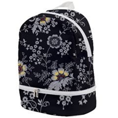 Black Background With Gray Flowers, Floral Black Texture Zip Bottom Backpack by nateshop