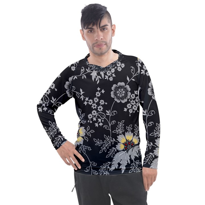 Black Background With Gray Flowers, Floral Black Texture Men s Pique Long Sleeve T-Shirt