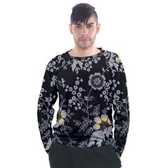 Black Background With Gray Flowers, Floral Black Texture Men s Long Sleeve Raglan T-Shirt