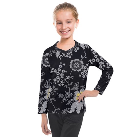 Black Background With Gray Flowers, Floral Black Texture Kids  Long Mesh T-shirt by nateshop