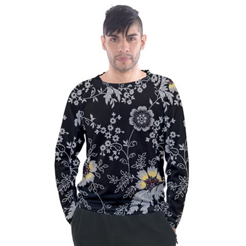 Black Background With Gray Flowers, Floral Black Texture Men s Long Sleeve Raglan T-shirt by nateshop