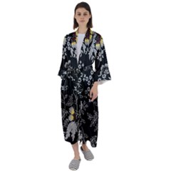 Black Background With Gray Flowers, Floral Black Texture Maxi Satin Kimono