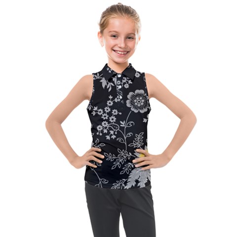 Black Background With Gray Flowers, Floral Black Texture Kids  Sleeveless Polo T-shirt by nateshop