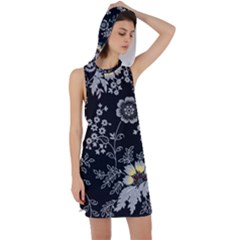 Black Background With Gray Flowers, Floral Black Texture Racer Back Hoodie Dress