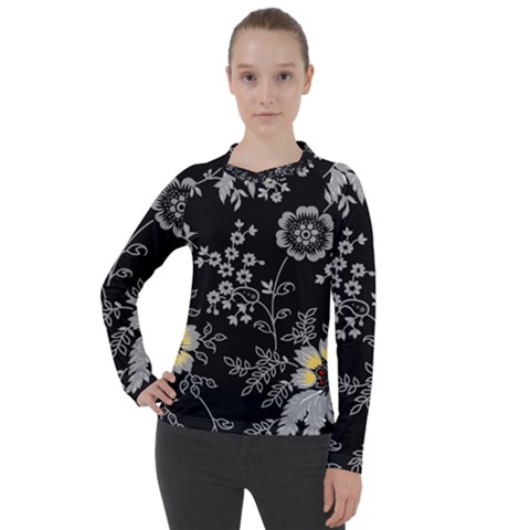 Black Background With Gray Flowers, Floral Black Texture Women s Pique Long Sleeve T-shirt by nateshop