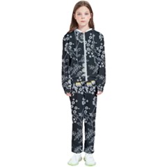 Black Background With Gray Flowers, Floral Black Texture Kids  Tracksuit