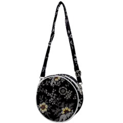 Black Background With Gray Flowers, Floral Black Texture Crossbody Circle Bag