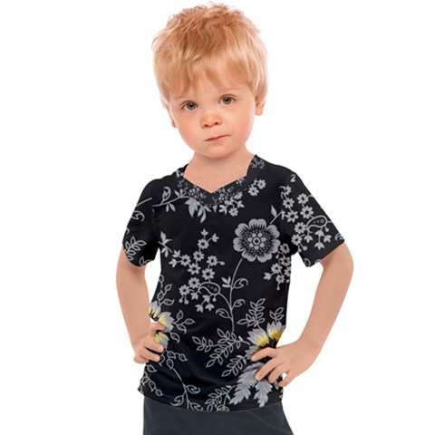 Black Background With Gray Flowers, Floral Black Texture Kids  Sports T-shirt by nateshop