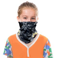 Black Background With Gray Flowers, Floral Black Texture Face Covering Bandana (Kids)