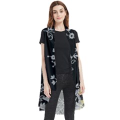 Black Background With Gray Flowers, Floral Black Texture Sleeveless Chiffon Waistcoat Shirt