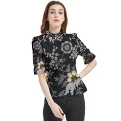 Black Background With Gray Flowers, Floral Black Texture Frill Neck Blouse