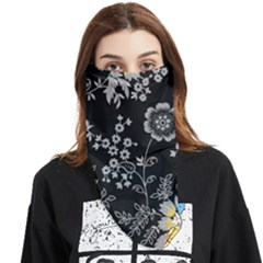 Black Background With Gray Flowers, Floral Black Texture Face Covering Bandana (Triangle)