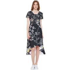 Black Background With Gray Flowers, Floral Black Texture High Low Boho Dress