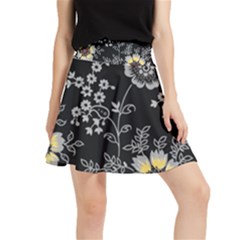 Black Background With Gray Flowers, Floral Black Texture Waistband Skirt by nateshop