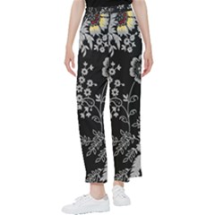 Black Background With Gray Flowers, Floral Black Texture Women s Pants 